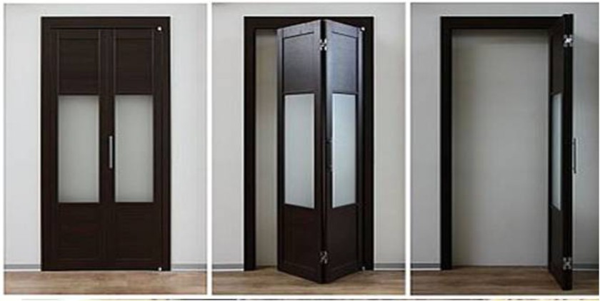 Шпонированные двери гармошка с матовыми стеклянными вставками Кызыл